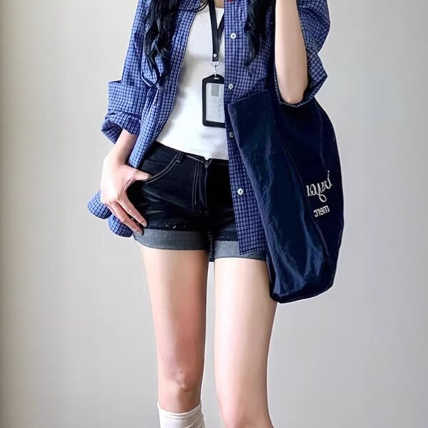American Dark Blue Denim Shorts for Women 2025 Summer New Fat mm Low Waist Slim Hot Girl Curled A-Line Shorts