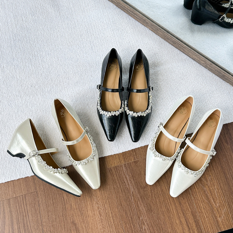 A39-6 Autumn New Popular Rhinestone Mary Jane Shoes for Women, White Pointed Toe, Internal Height Increase, Strap, Shallow Mouth Single Shoes