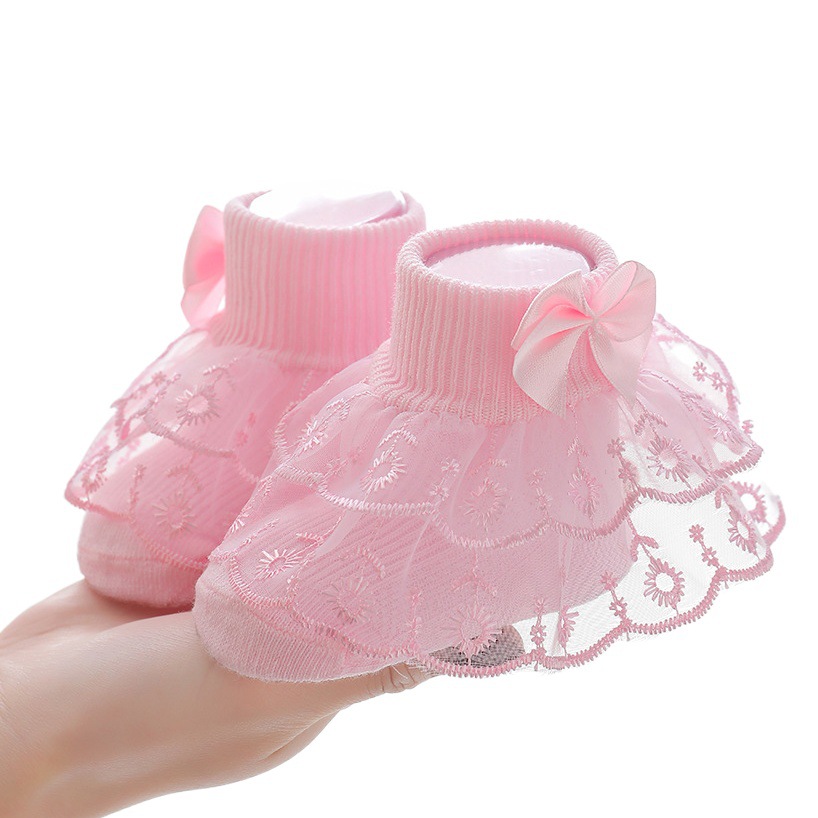 Calcetines de las niñas de primavera y verano calcetines de encaje para niños delgados de doble capa de encaje arco bebé princesa Calcetines de bebé