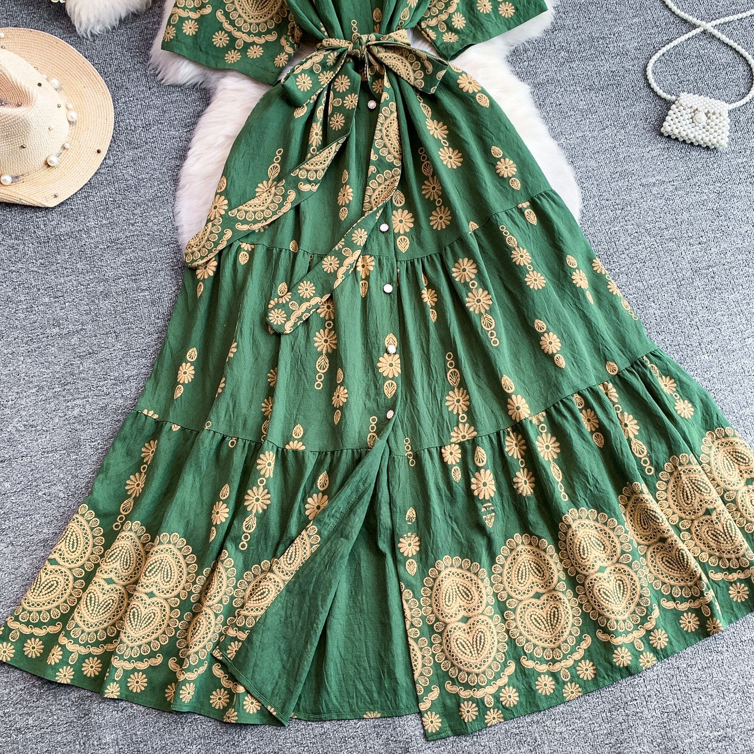 Women's French Retro Heavy Embroidery Lapel Dress Korean Style Single-Breasted Slimming Ruffled Long Skirt Summer Dress_ecoleips.com