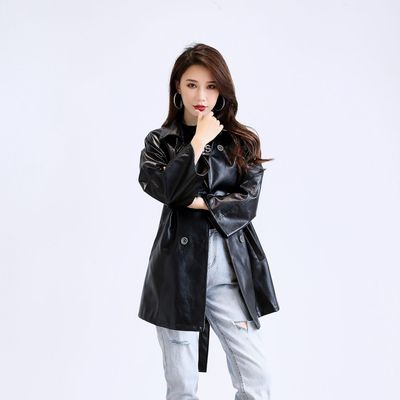 Large Women's wear leather clothing MM Thin loose PU washing Imitation leather Mid length version Double-breasted Windbreaker overcoat