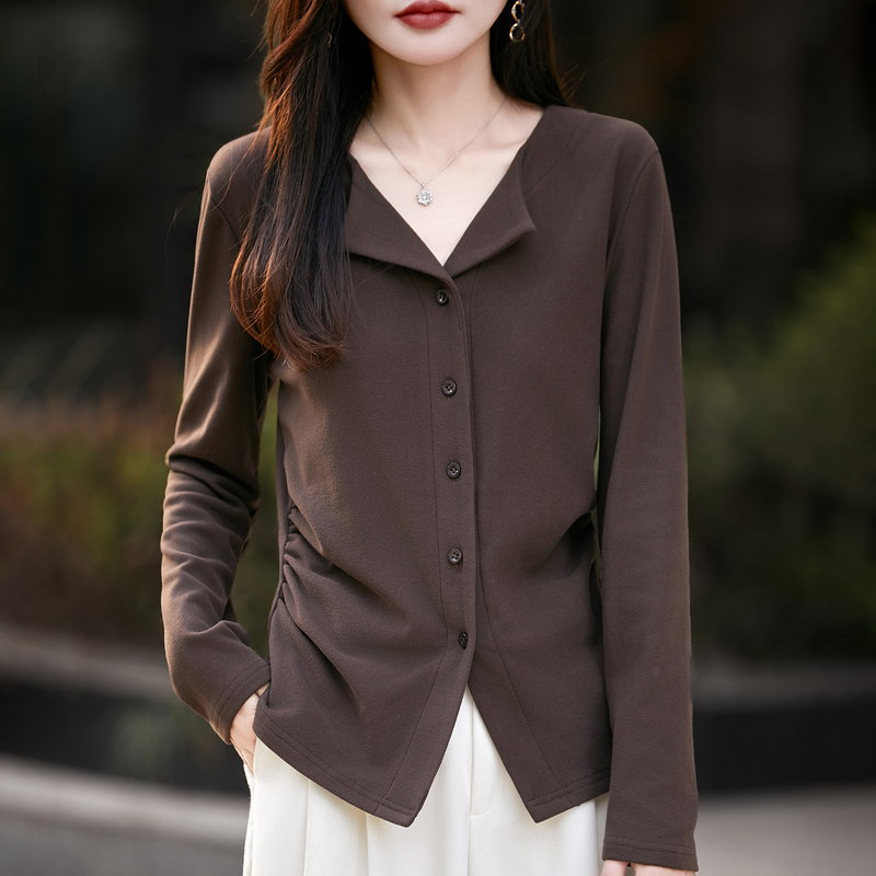 气质优雅磨毛绒面翻领休闲衬衣小衫女25秋冬保暖蓄热打底显瘦上衣|undefined