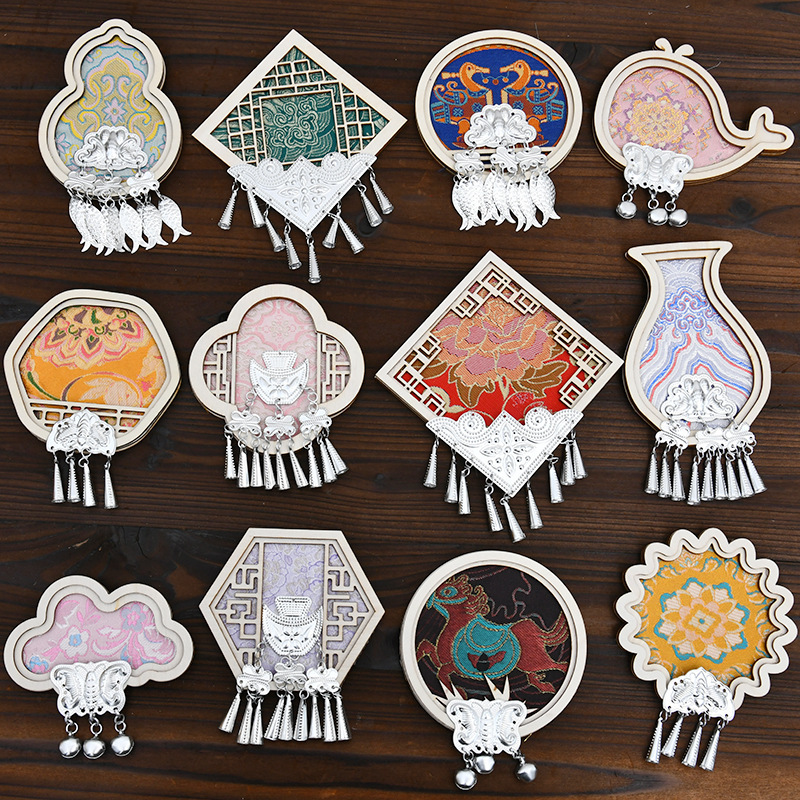 Miao Silver Imitation Song Brocade Fridge Magnet Base DIY Material Kit Wooden Craft Brocade Cultural and Creative Gift