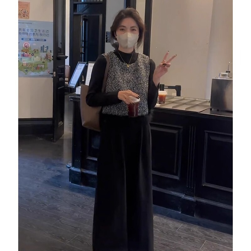 Summer Chanel-Style Vest with Half-High Collar, Inner Layering Shirt, Wide-Leg Casual Pants for Women, Autumn and Winter High-End Set