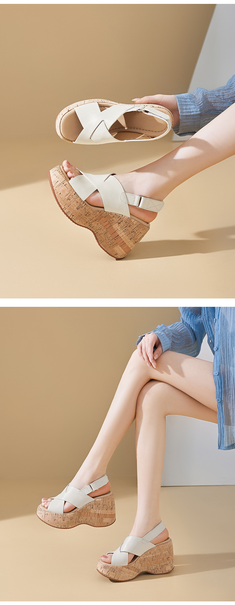 Sandal cao gót nữ quai chéo hở mũi đế xuồng 10cm da bò thật phong cách La Mã — màu đen, màu trắng ngà chi tiết 6