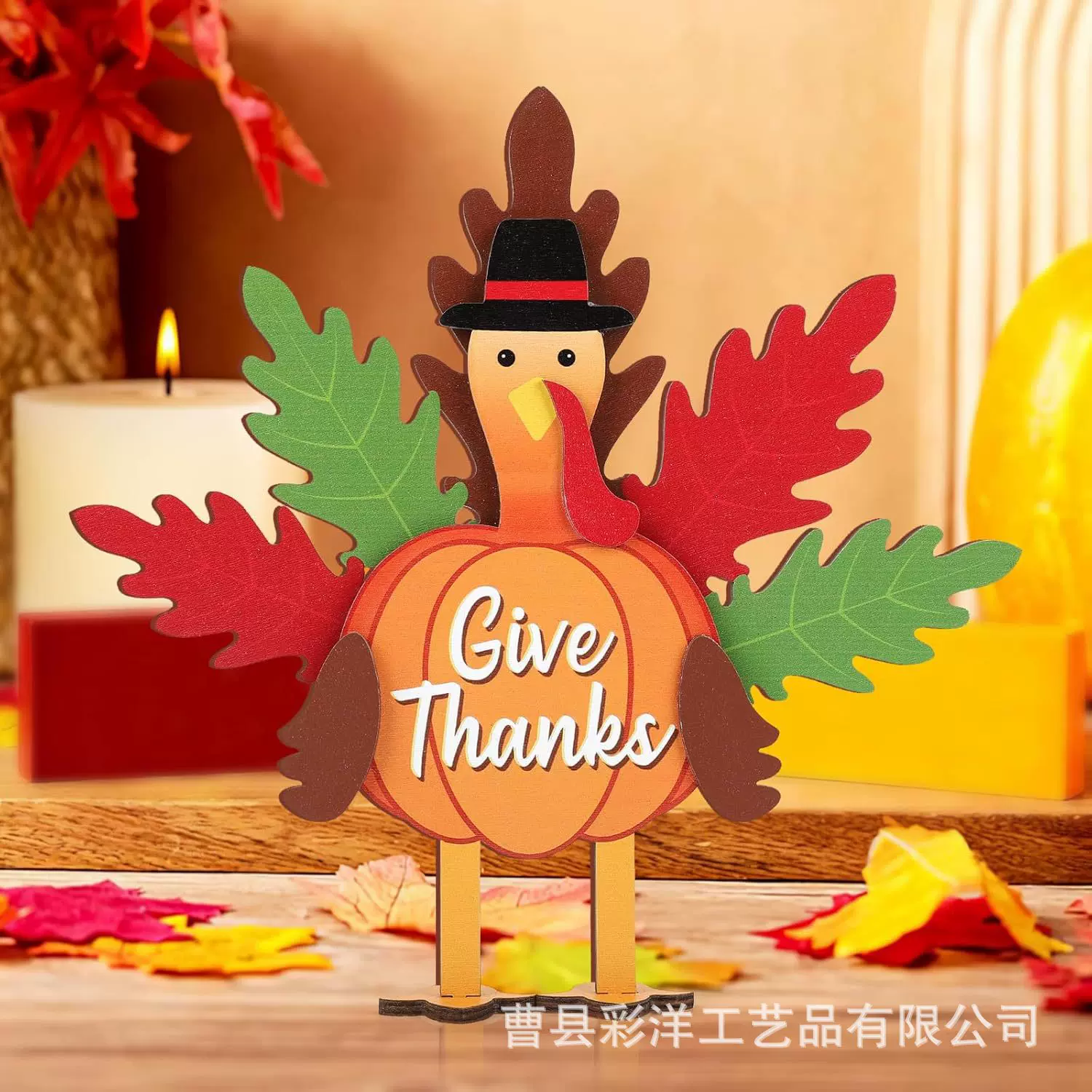 跨境新品木质火鸡装饰摆件圣诞节桌面装饰品秋季木板木制工艺品