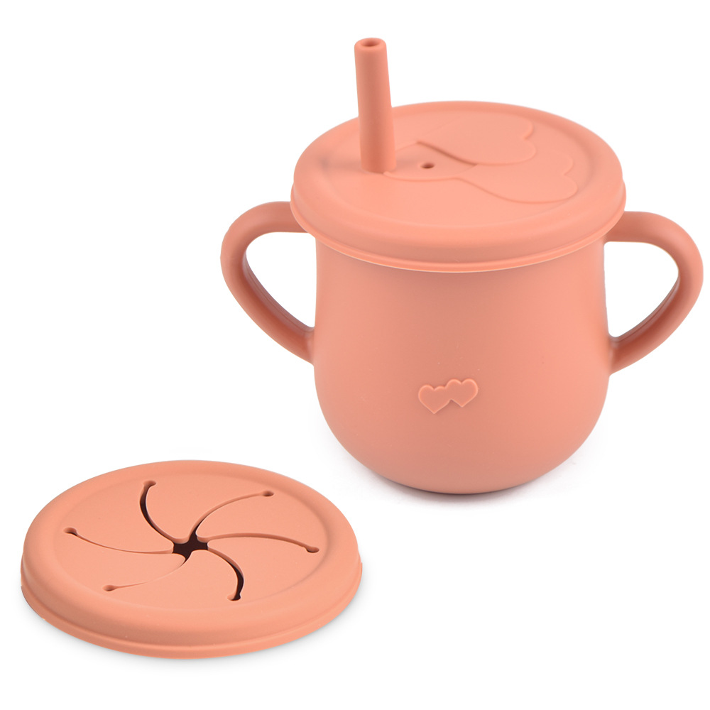 Silicona de grado alimenticio para niños snack Cup mango binaural portátil resistente a la caída con taza de paja de bebé taza de bebida de silicona