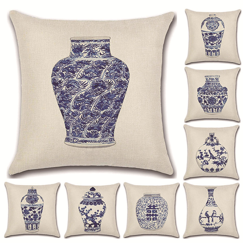Pillowcase Amazon Europe and the United States cross-border for linen a generation of retro Chinese style blue and white porcelain ceramic bottle blue