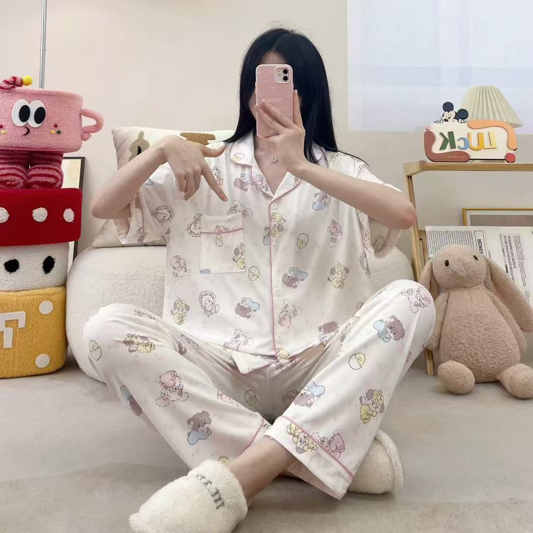 Transfronterizos al por mayor algodón solapa casa pijamas de niñas pantalones largos de manga corta lindos y sueltos se pueden usar con dos piezas image 5