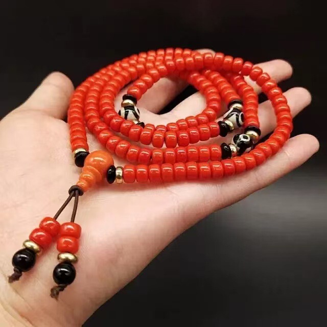 New Imitation Red Coral Multi-Circle Ethnic Style Buddha Bead Bracelet for Men and Women 6*4 Barrel Beads Dzi Beads 108 Sherpa Glass Beads