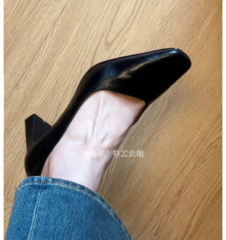 Giày cao gót nữ mũi vuông gót thô cổ thấp da cừu phong cách công sở thanh lịch, gót 6–8 cm — Hàng có sẵn màu đen chi tiết 29