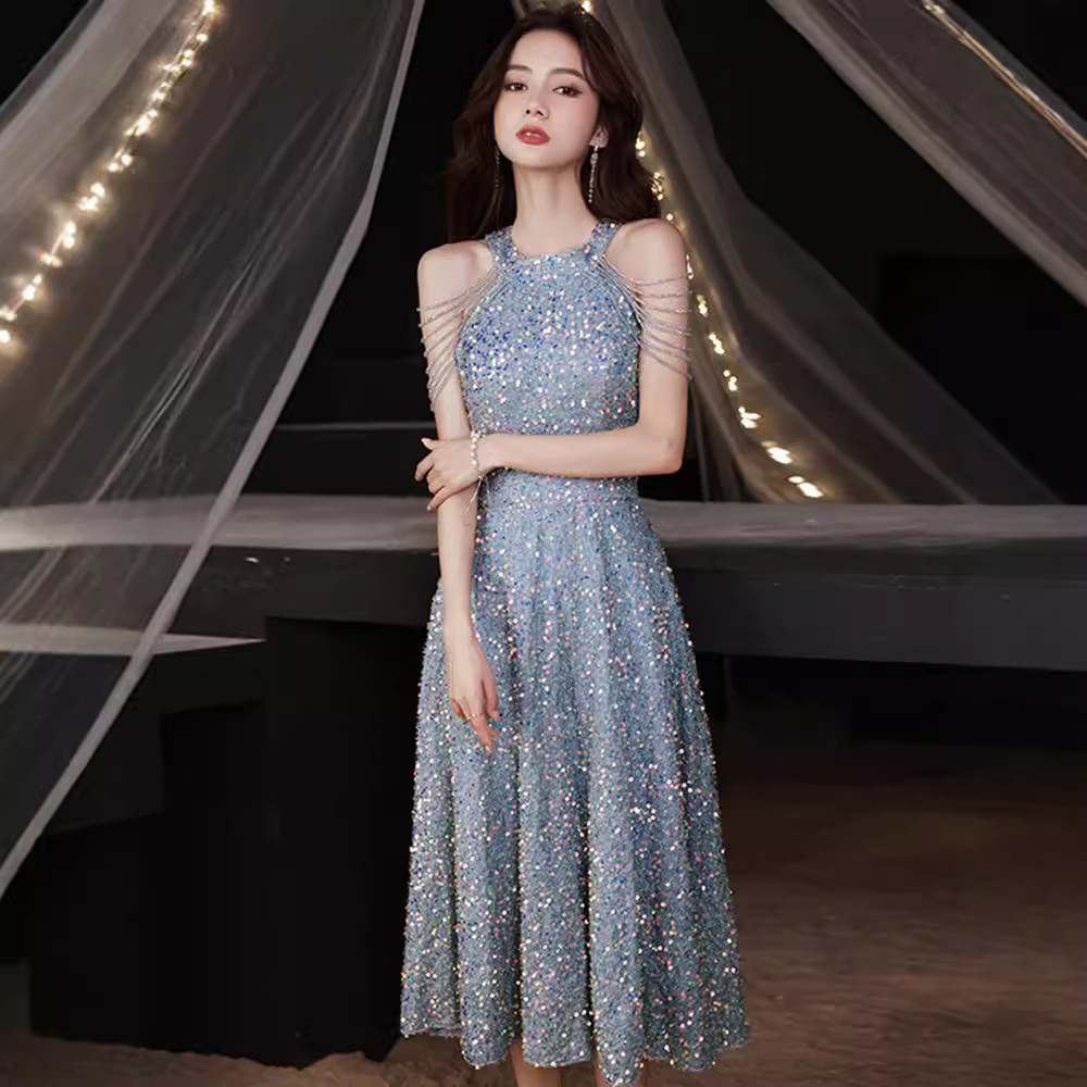 2025 New Style Banquet Elegant Light Luxury Socialite Dress for Female Hosts, Suitable for Petite Women, Can Be Worn Casually, Halter Neck