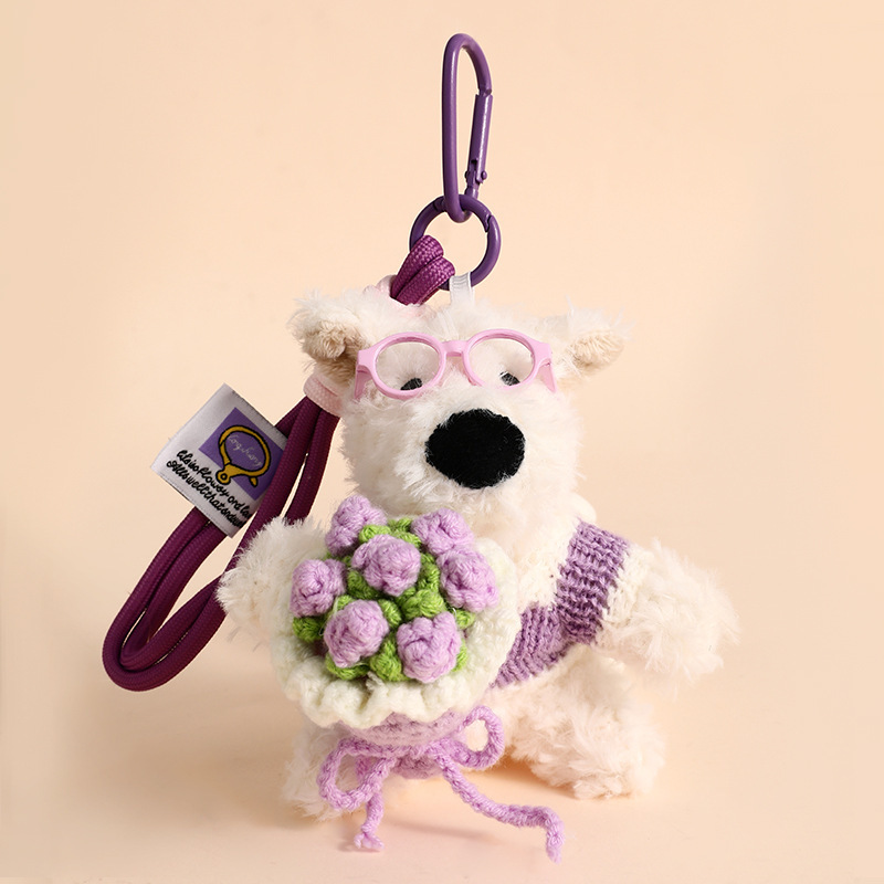 Purple Series West Highland Bag Pendant, Hand-Woven Bouquet, Plush Puppy Doll Backpack Decoration