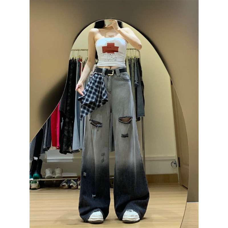 渐变破洞牛仔裤女2025秋下季格子飘带设计感高腰显瘦宽松阔腿长裤|undefined