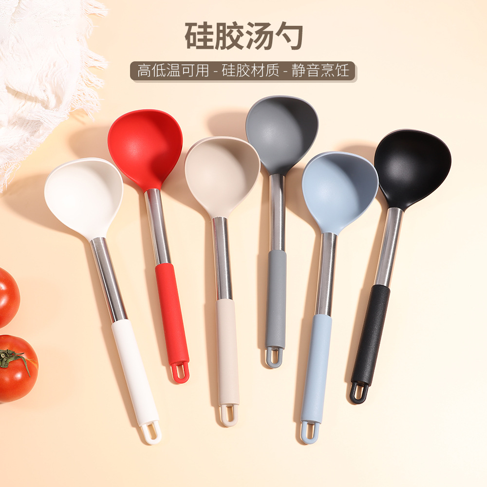 Cuchara para Sopa de Silicona 430 con Mango de Acero Inoxidable, Antiadherente, para Cocina