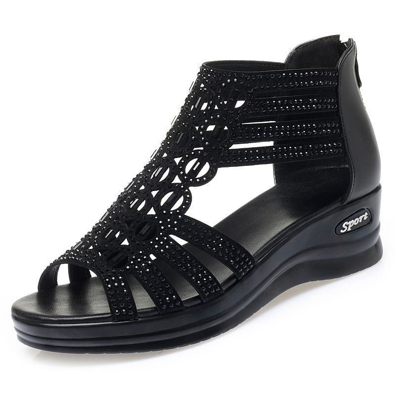 Verano de tacones gruesos de pendiente impermeable sandalias de tacones altos de cuero suave sandalias huecas con cremallera trasera sandalias romanas huecas