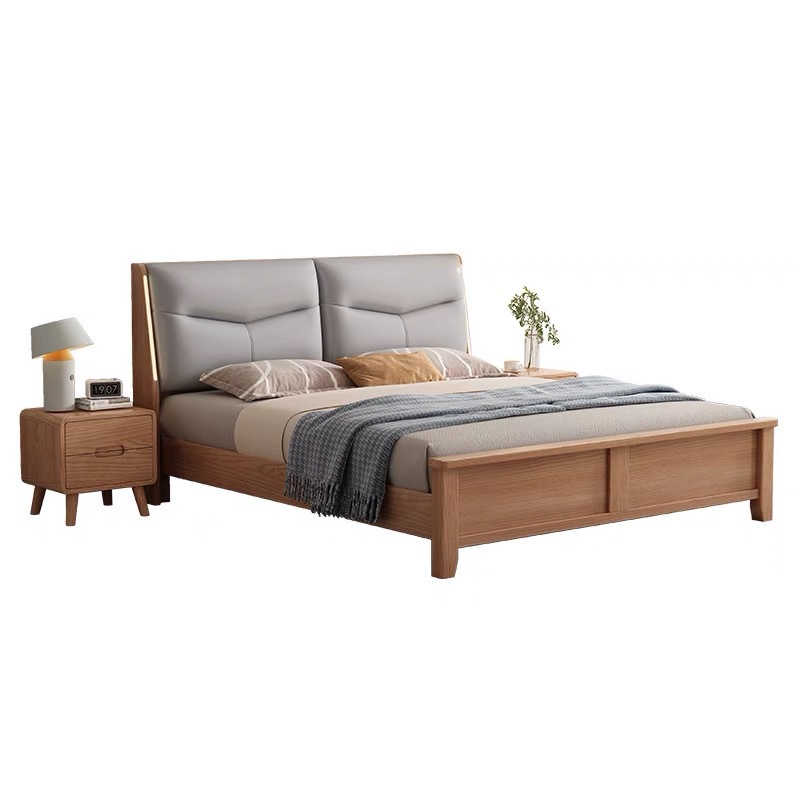 Cama de madera maciza moderna y simple, 1.8m cama doble, 1.5m lámpara nocturna inteligente, muebles de almacenamiento nórdicos suaves