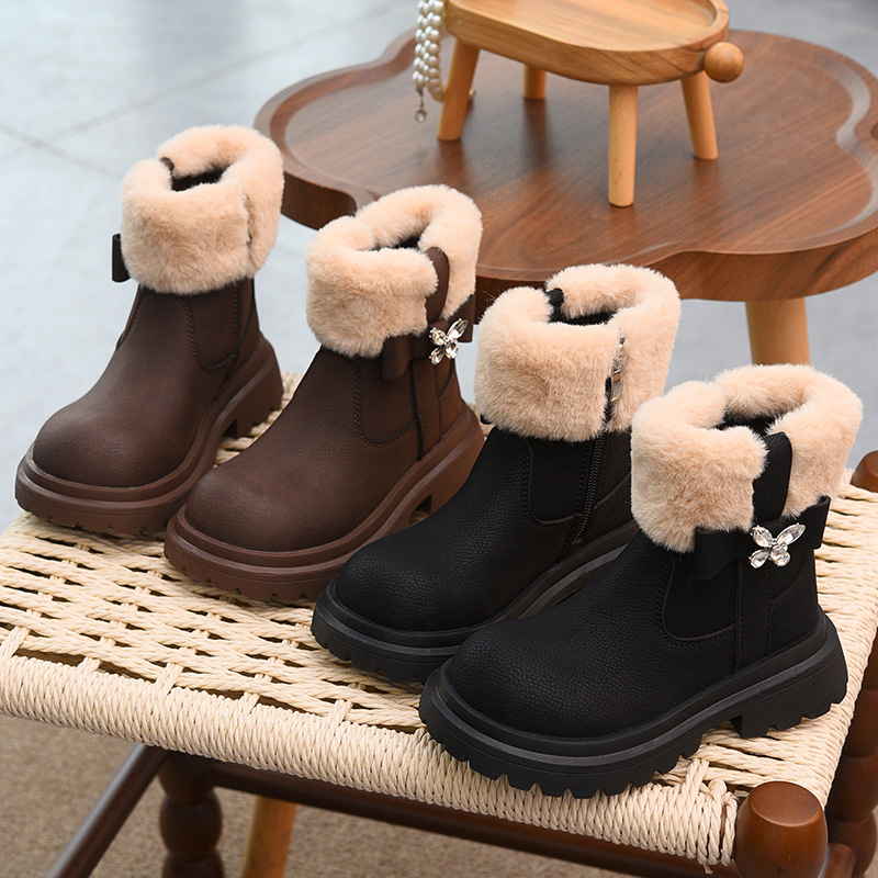 Girls' Small Leather Boots Fleece-Lined Warm Cotton Boots Fashionable Non-Slip Kidsren's Boots 2025 Winter New Girls' Boots