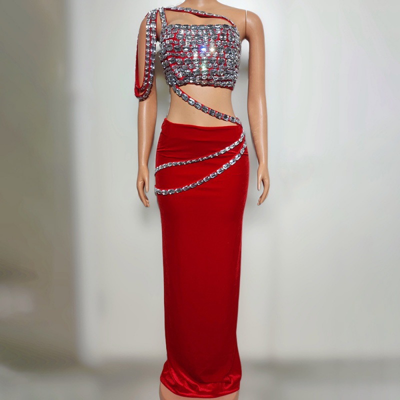 GC Dark Red Atmospheric Diamond Set Evening Dress Birthday Party Banquet Dance Modern Dance Performance Star Red Carpet