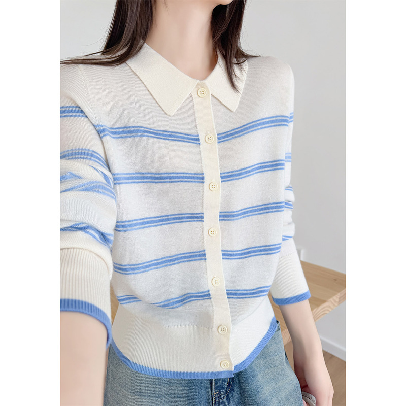 Nautical style color-blocked POLO collar blue and white striped knitted cardigan for women, early autumn turn-down collar top, versatile sweater jacket