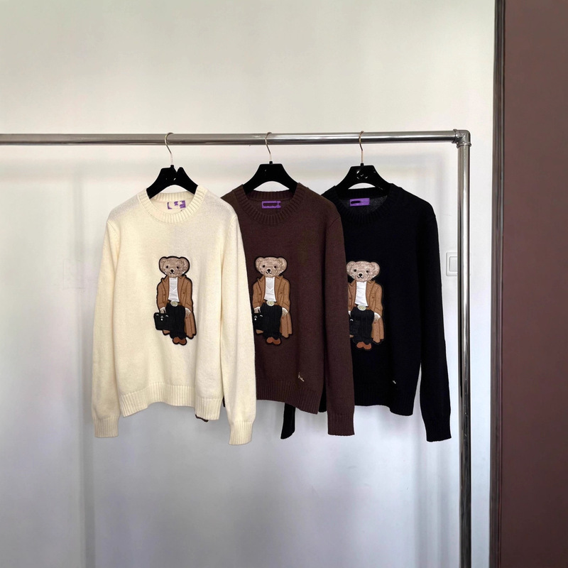 2025 Autumn/Winter Polo Bear Cashmere Round Neck Knitted Long Sleeve Loose British Style Age-Reducing Embroidered Bear Cartoon Sweater
