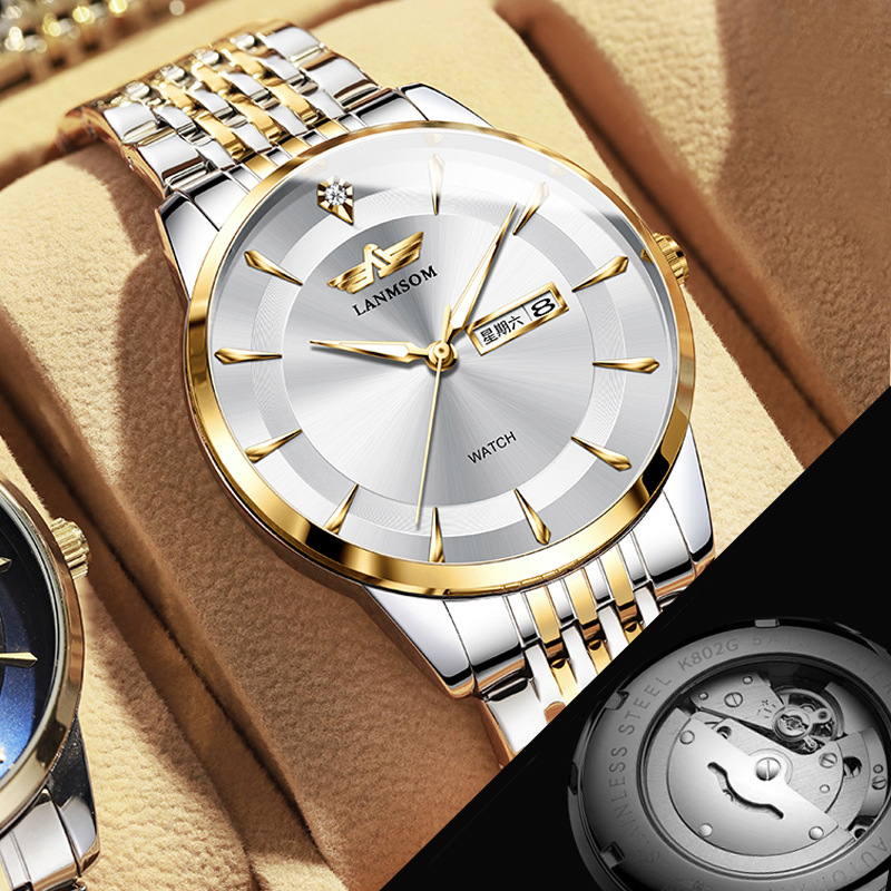 Langsuo Genuine Watch Fashion Business Sports Dual Calendar Waterproof Fully Automatic Hollow Bottom Non-Mechanical Men's Watch