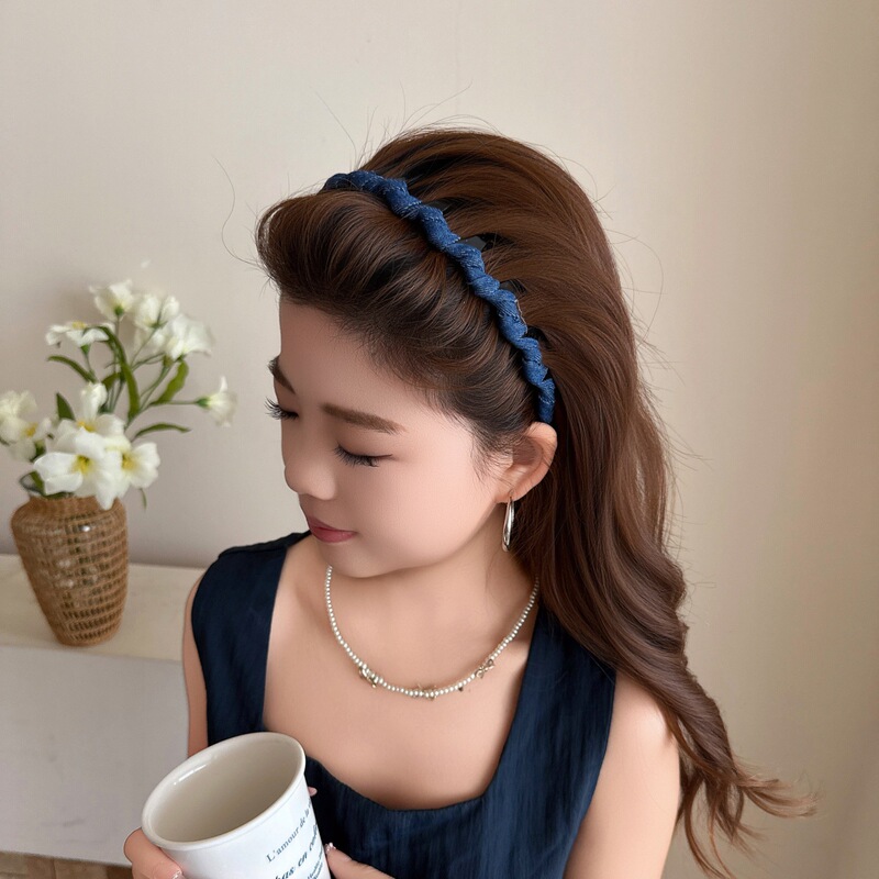 蓝色牛仔带齿防滑发箍女夏天2025新款高级感洋气头箍梳头发卡发饰|undefined