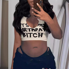 24032713 歐美時尚開領印花字母小背心坑條字母印花時尚女裝