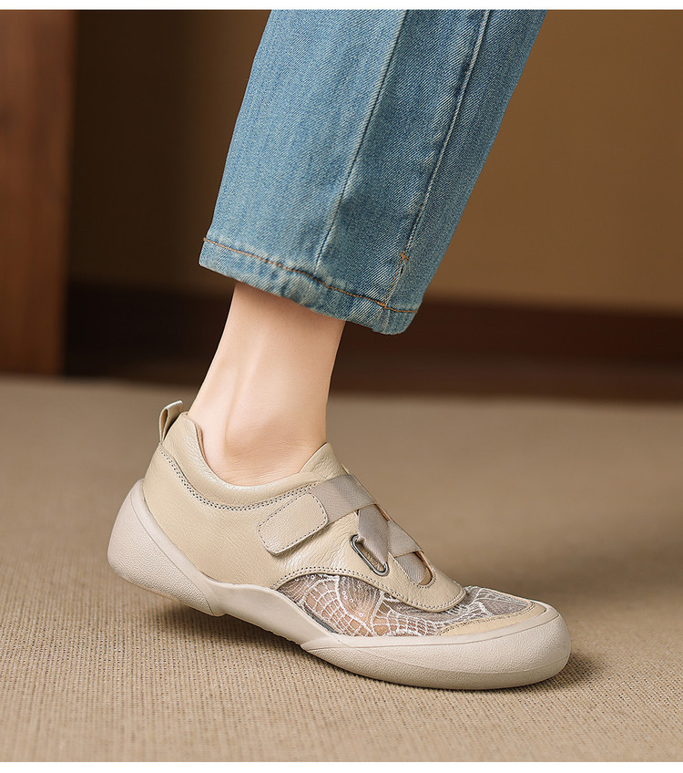 Giày sneaker nữ phối màu da thật lỗ thoáng khí đế bệt buộc dây kết hợp miếng dán — màu trắng ngà chi tiết 16