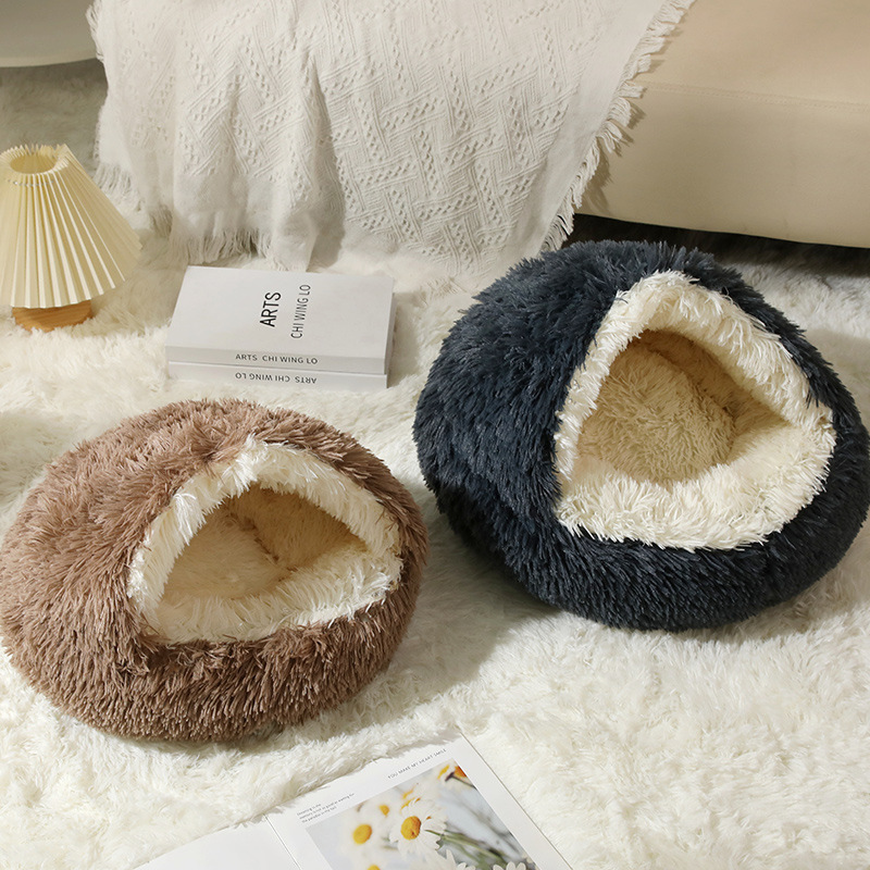 Peluche de concha para gatos de felpa, nido para mascotas, cama para perros cálida en invierno, cama para mascotas, caseta para perros, semi envolvente para mascotas, personalizado al por mayor