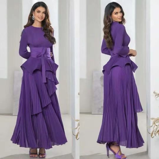 Vêtements pour femmes grande jupe cravate plissée taille haut costume deux pièces vêtements pour femmes automne nouvelle couleur unie_voghion.com