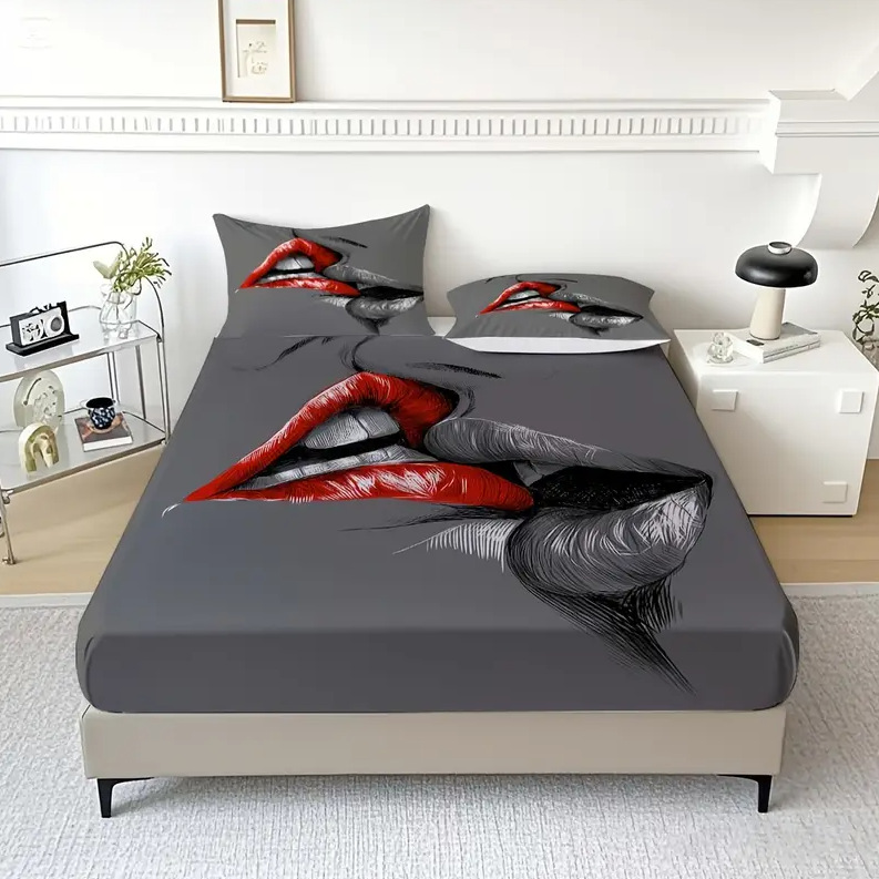 TEMU / JIT transfronterizo sexy rojo y negro labios de impresión digital HD cama gaza almohada kit fuente fabricante