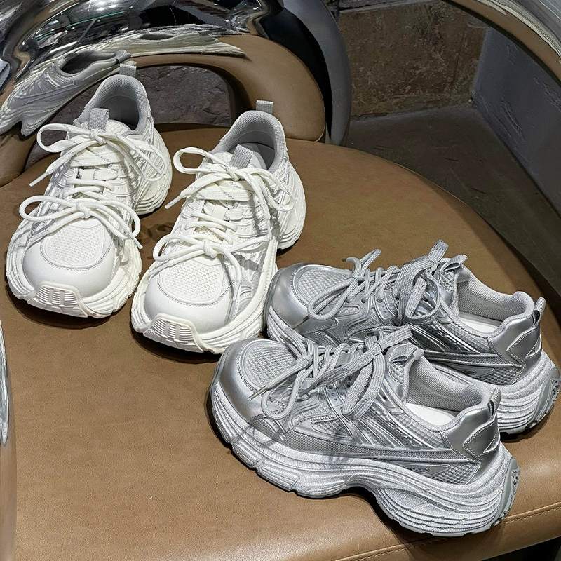 Европейская и американская толстая подошва премиум-класса серебряная обувь папы женская весна 2025 новая индивидуальная двойная обувь дикие спортивные повседневные ботинки