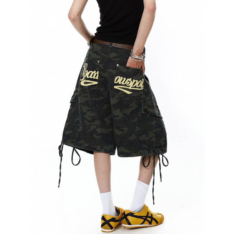 Camouflage Letter Print Large Pocket Drawstring Cargo Shorts for Women, Retro Cool Girl Style, Dance Sports Wide-Leg Mid-Length Pants Camouflage Letter Print Large Pocket Drawstring Cargo Shorts for Women, Retro Cool Girl Style, Dance Sports Wide-Leg Mid-Length Pants
