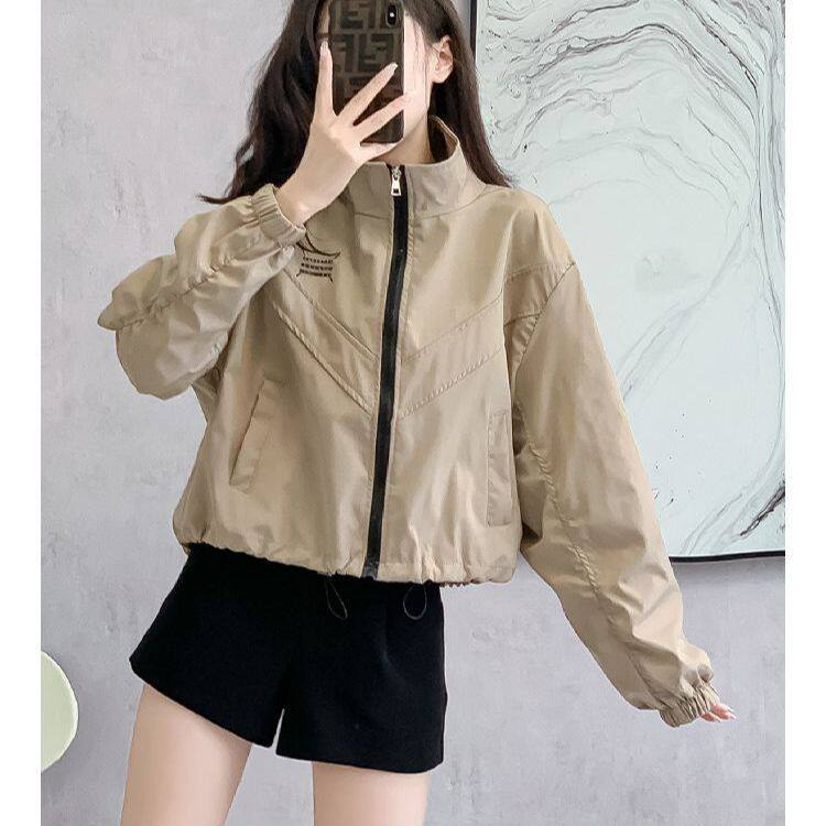 Áo khoác nữ dáng ngắn chiết eo cổ đứng khóa kéo phong cách casual — Màu lúa mì, Màu trắng ngà, màu đen