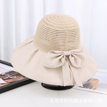 帽子女夏渔夫帽韩版ins网眼蝴蝶结镂空骑车遮阳帽大檐遮脸沙滩帽