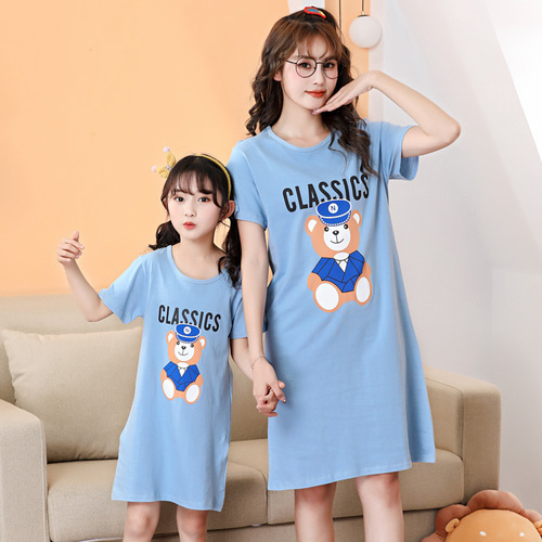 Girls' Cotton Summer Sleepwear Dress Short Sleeve Dress for Kids Mother and Daughter Set Baby Girl Outfit