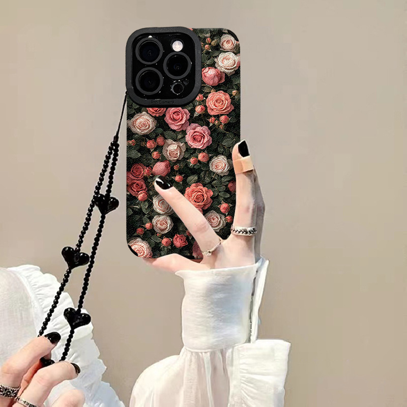 Suitable for Apple 17Promax Mobile Phone Case Iphone15 Silicone Leather Cover 16 High-End Feel 14 Full Screen Rose Chain
