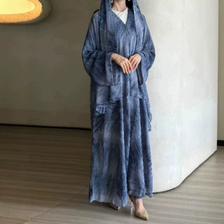 女士时尚扎染印花春夏季休闲长袖外套长袍优雅连衣裙女