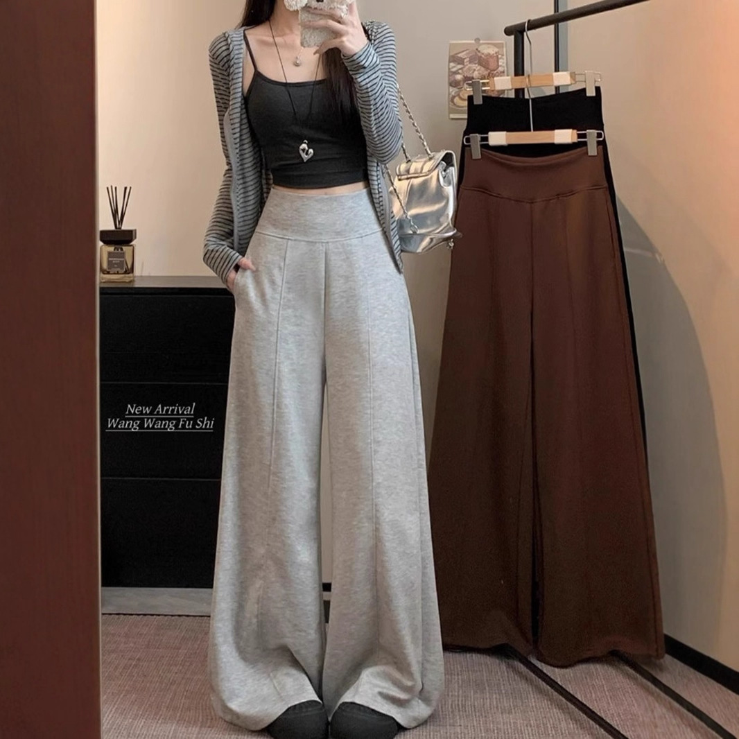 浅灰色美式休闲阔腿裤女秋季新款高腰宽松垂感卫裤小个子运动裤子