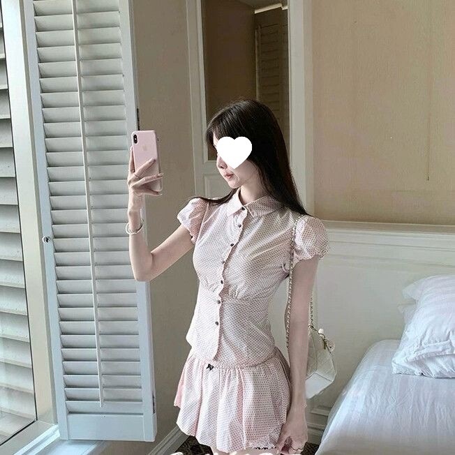 Peach Polka Dot Short Sleeve Princess Slim Fit Shirt Short Waist-Cinching Slimming Cardigan + Pleated Puffy Skirt Set Peach Polka Dot Short Sleeve Princess Slim Fit Shirt Short Waist-Cinching Slimming Cardigan + Pleated Puffy Skirt Set