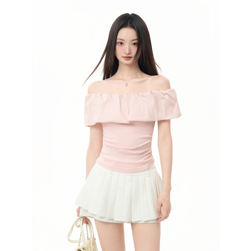 Pink Ruffled One-Shoulder Off-Shoulder Short-Sleeved T-Shirt for Women Summer 2026 New Slim Fit French-Style Top Pink Ruffled One-Shoulder Off-Shoulder Short-Sleeved T-Shirt for Women Summer 2026 New Slim Fit French-Style Top