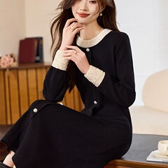 2025新款秋冬季长袖收腰显瘦钉珠黑色连衣裙女小香风感长裙子