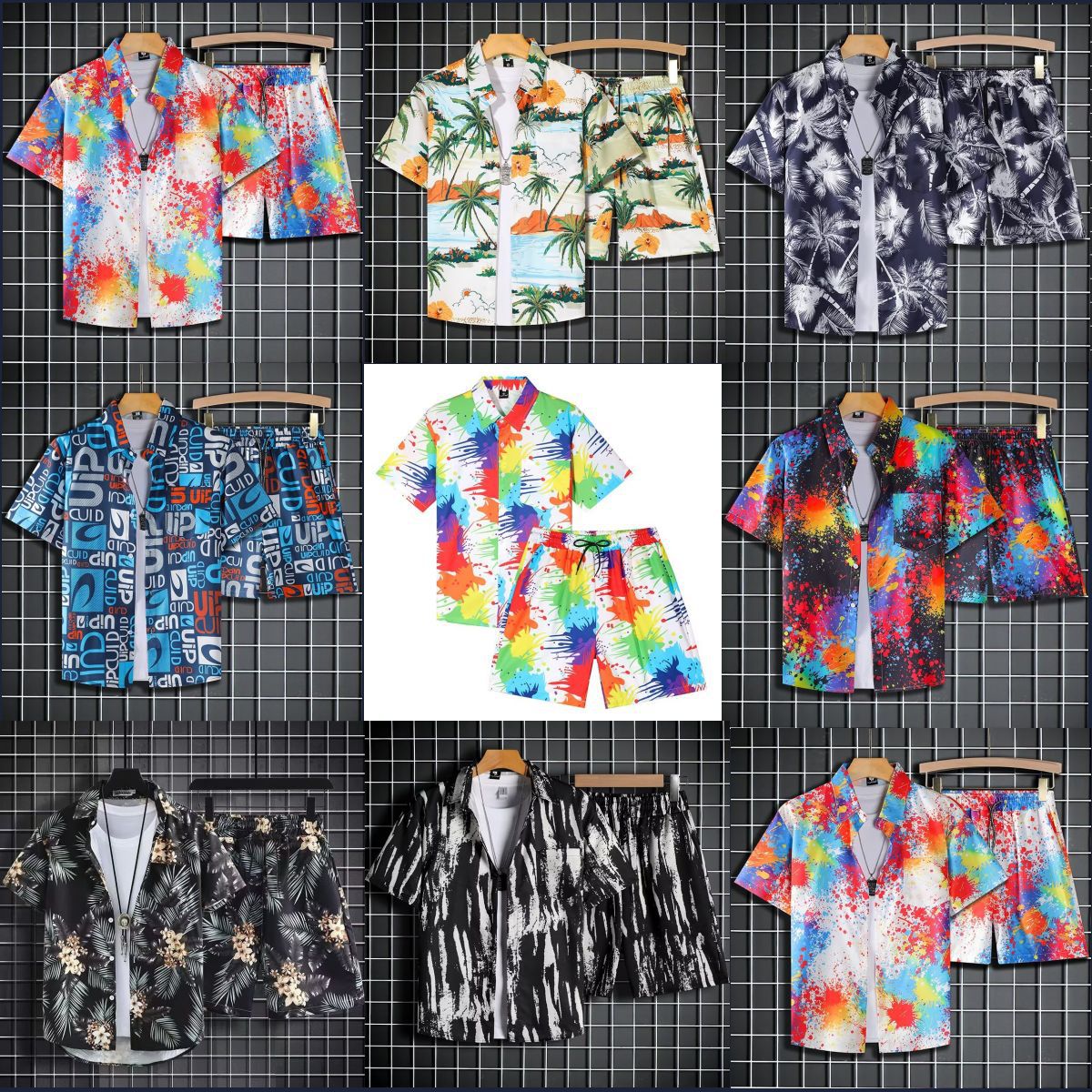 Plus-size men's summer quick-drying short-sleeved floral shirt set, Hawaiian beachwear, two-piece set, outerwear, capri pants