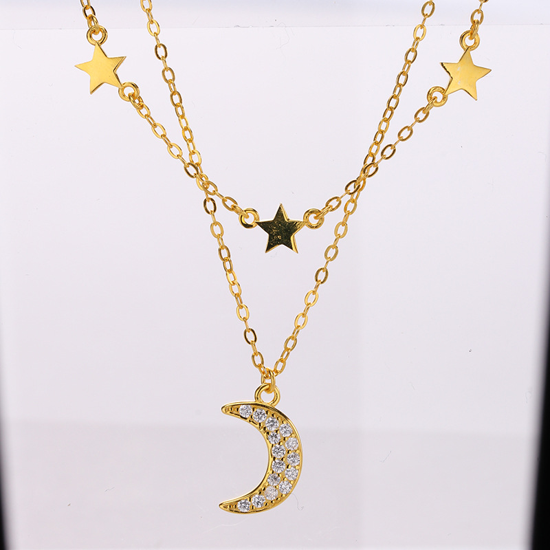Moda fresca suéter cadena estilo coreano s925 plata esterlina ZIRCON estrella Luna joyería collar femenino nicho diseño colgante