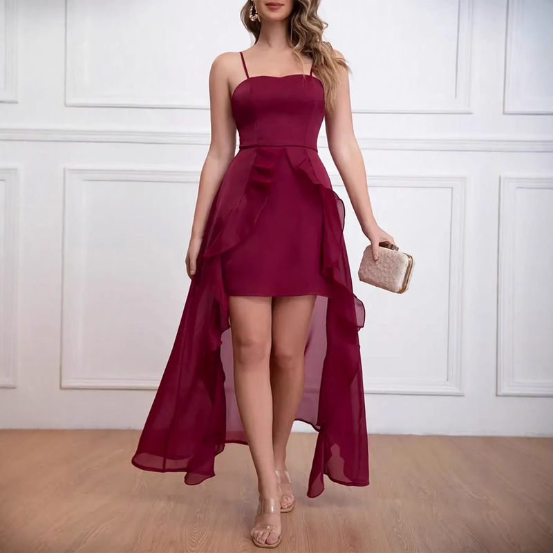 Cross-Border New Style Bridal Toast Dress with Straps, Slim Fit, Ruffled Hem, Long Tail Gown for Banquets and Evening Shows for Women Cross-Border New Style Bridal Toast Dress with Straps, Slim Fit, Ruffled Hem, Long Tail Gown for Banquets and Evening Shows for Women