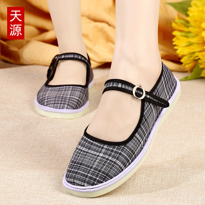 Tendón de res, suela de tendón de res, línea hecha a mano, lona a cuadros, zapatos de costura con hebilla de punta redonda para damas, zapatos casuales planos, nuevo estilo image 3