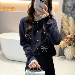 新品亚马逊欧美法式蝴蝶结长袖针织衫女春秋毛衣开衫外套宽松上衣