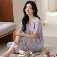 睡衣女夏季短袖碎花休闲长裤中年妈妈大码套装可外穿云朵棉家居服