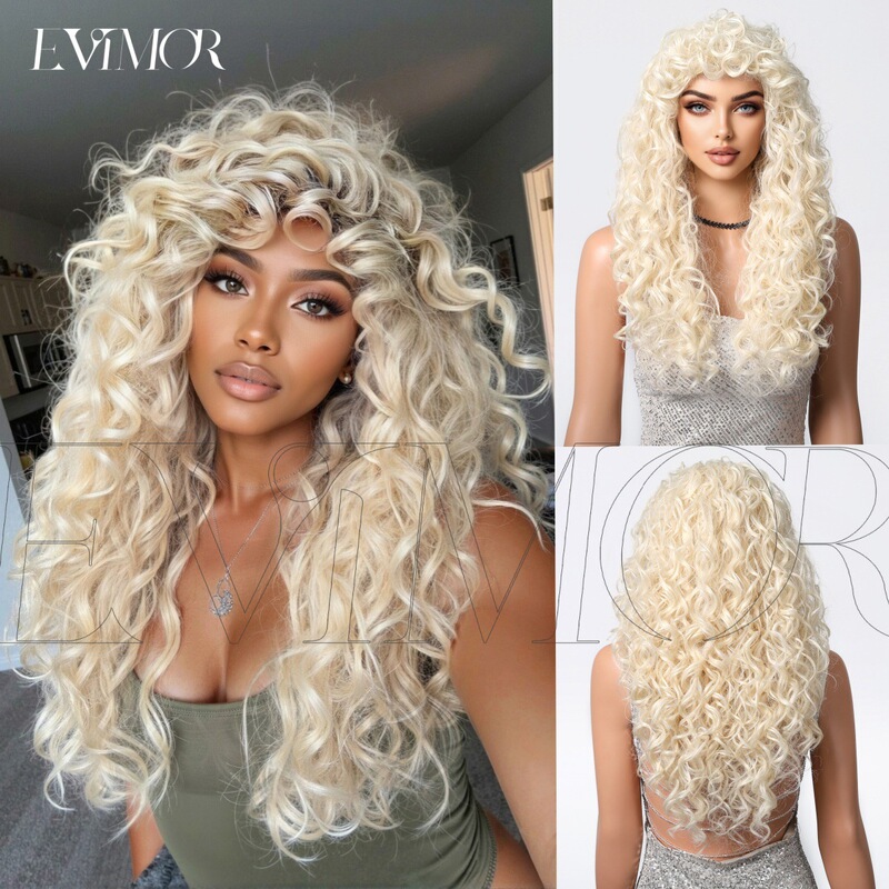 European and American New Platinum Blonde Air Bangs Wool Curls Latin Curls Long Curly Hair Brightening Fashion Wig for Women Full Head Wig